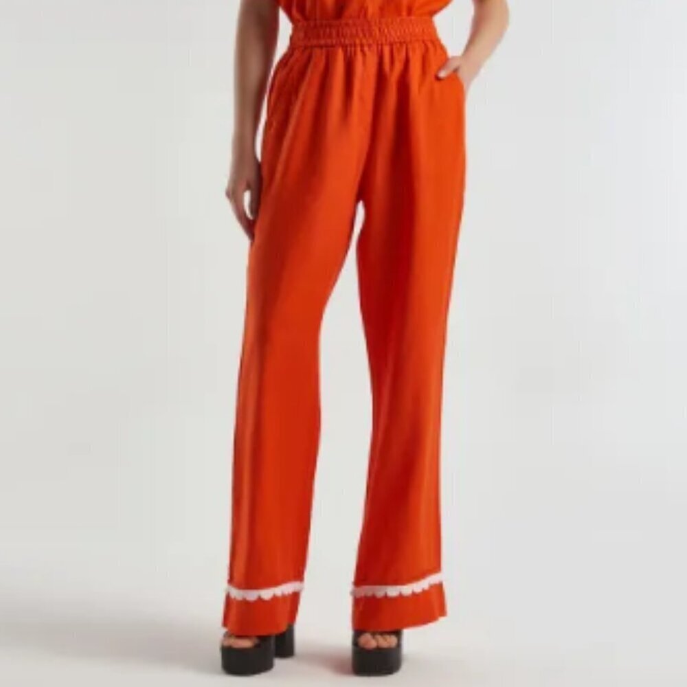 United Colors of Benetton Coastal Orange 100% Linen Scalloped Pull On Pants M